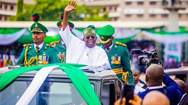 Tinubu slips while boarding presidential parade vehicle at Eagles Square